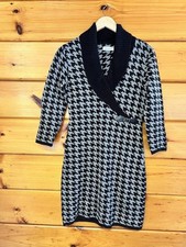 Calvin Klein Houndstooth Knit Sweater Dress - Size S  Midi Cowl Neck Black White