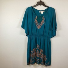 Women’s Flying Tomato Turquoise V-Neck Embroidery Mini Dress Elastic Waist Sz L