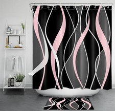 Pink and Gray Abstract Black Geometric Shower Curtain Set for Bathroom Decor