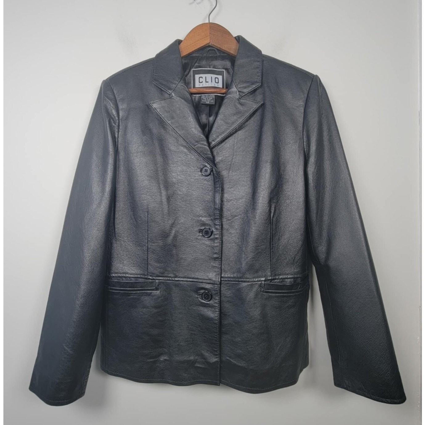 Vintage Clio Petites Leather Jacket Womens PM Blazer Button Up 90s Lined Black