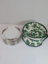 SET OF 9 CHRISTMAS POINSETTIA  RIBBONS FINE CHINA TEA CUP PLATES WITH CASE