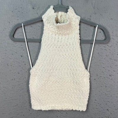 Zara Womens Size Small Textured Knit Halter Top Ivory White Polyester Blend