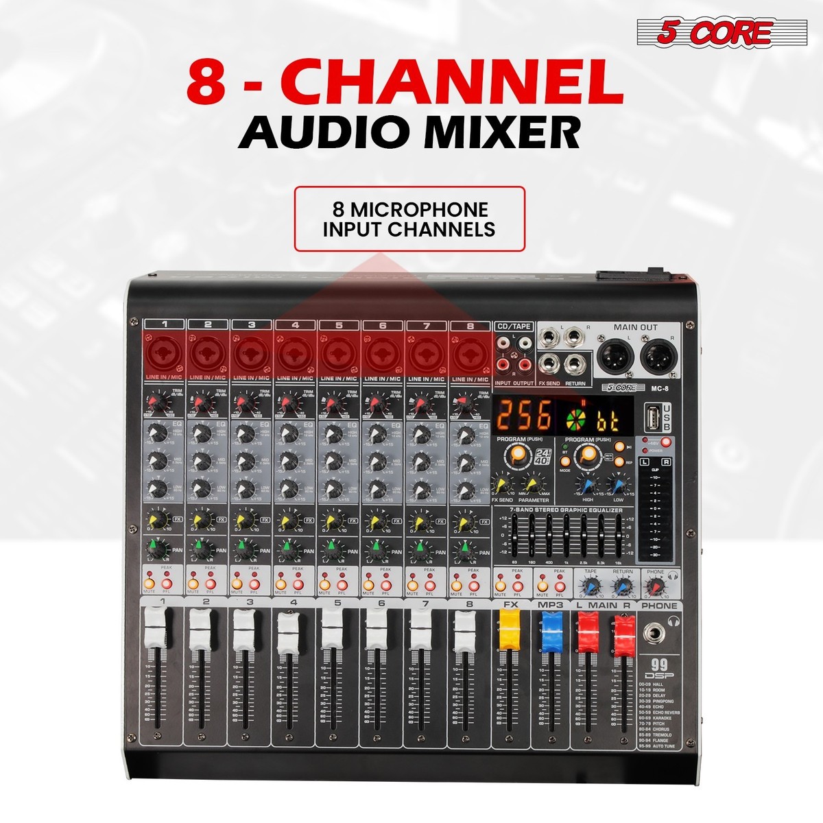 5Core Audio Mixer 8 Channel DJ Soundboard USB Interface Bluetooth