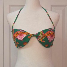 Vintage Y2K Green Paisley Floral Bikini Set S/M Retro Glam Halter Two Piece Swim