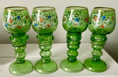 Vintage Böhmische mundgeblasene Roemer emaillierte Weingläser/Kelche 4er Set