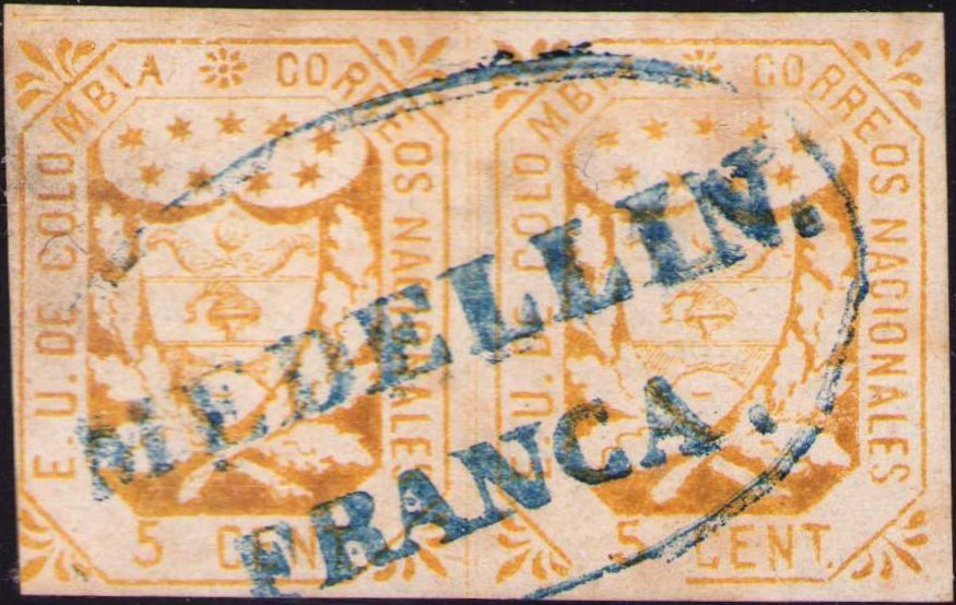 COLOMBIA - CLASSIC - 5c TETE-BECHE PAIR - MEDELLIN FRANCA - Sc 30a - 1864 RRR