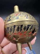 Vtg Brass Incense Burner Tri 3 Leg Pierced Floral Cutouts Etched Cone Lid 2.5”