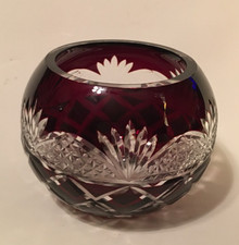 Vtg Deep Cut To Clear Ruby Red Glass Bohemian Small Vase/Votive Candle Holder