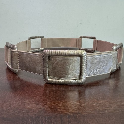 Chico’s Metallic Gold Leder Beige Stretch Rechteck Schnalle Mode Gürtel Größe L