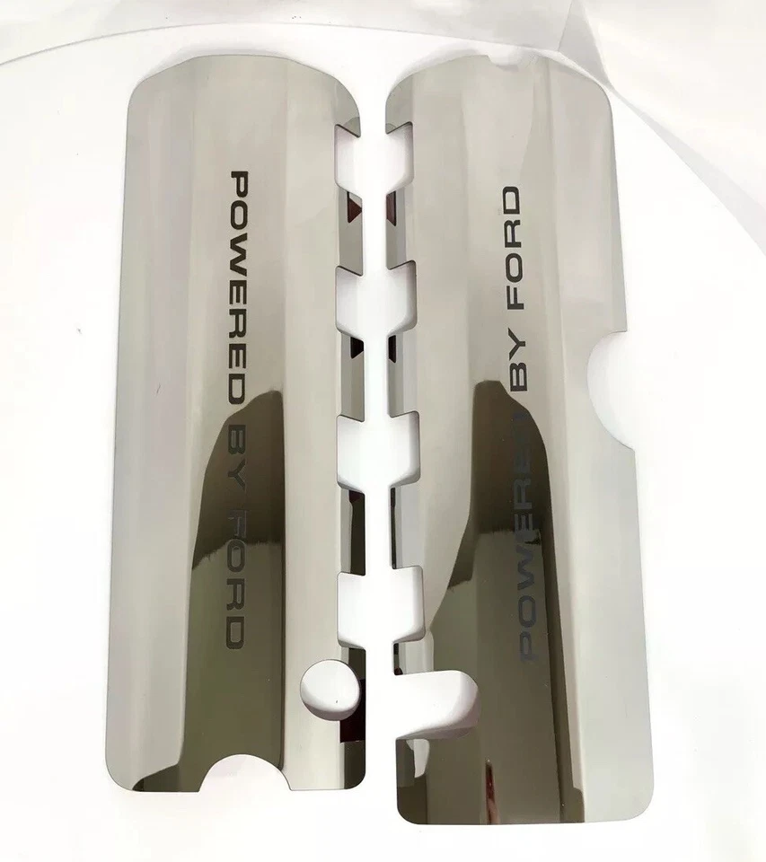 Polished Stainless Steel "Powered by Ford" Fuel Coil Covers 5.0 Coyote Engine Foto 2 de 4