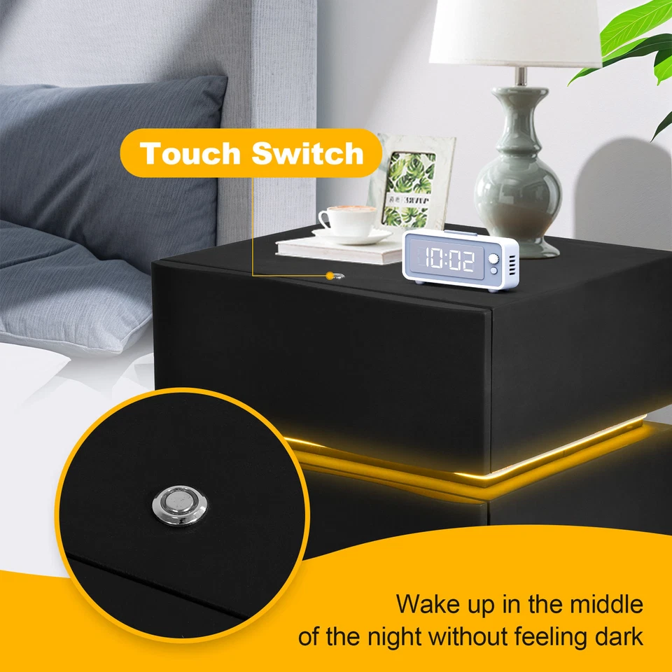 Modern Solid & Leather Wood Nightstand with LED Light Strip 2/3 Drawer Furniture - Image 4 of 4