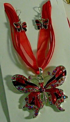 Silver Plate Enamel Crystal Butterfly Necklace Pierced Earrings Set 6 Colors