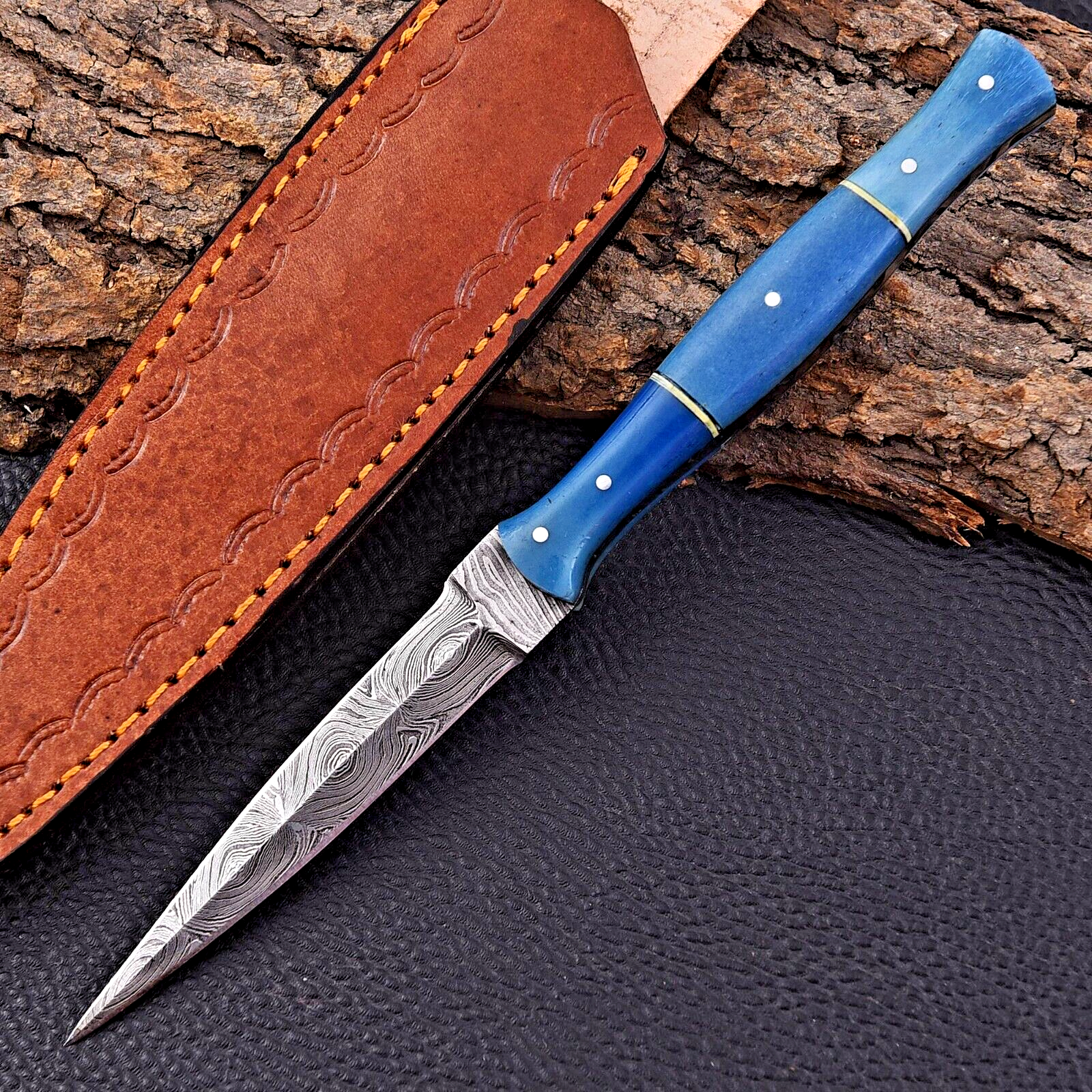 CUSTOM HANDMADE FORGED DAMASCUS STEEL HUNTING BOOT KNIFE CAMEL BONE HANDLE 1620