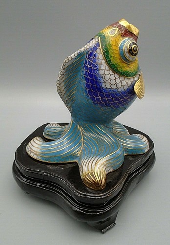 Vintage Cloisonné Enameled Brass Koi Fish Sculpture on Wood Stand - Picture 5 of 13