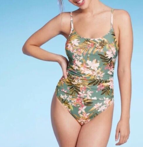 Women’s Kona Sol Onepiece Swimsuit Shirred Sides Open Back Green Floral L