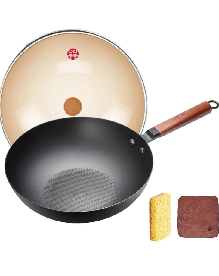 WANGYUANJI Iron Wok 12.6” Wooden Handle Chinese Iron Pot Carbon Steel Wok