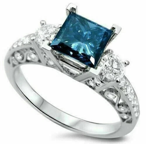 Diamante creado en laboratorio y corte princesa azul tres piedras chapado en oro blanco de 14k Foto 2 de 3