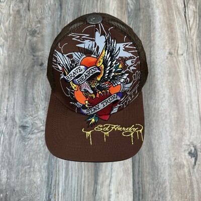 Ed Hardy Trucker Hat Embroidered Eagle Brave Hearts Stay True Snapback Brown New