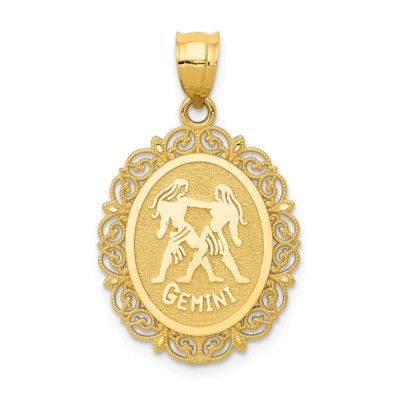 14k Gelbgold massiv satiniert poliert Zwillinge Sternzeichen oval Charm Anhänger 0,99 Zoll