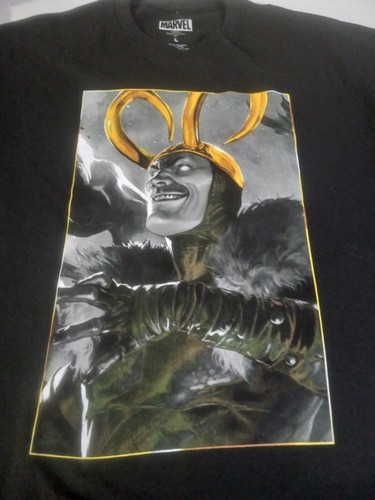 Marvel Loki T-shirt Men's Size Large Black Graphic Tee Gold Horns MCU Comics