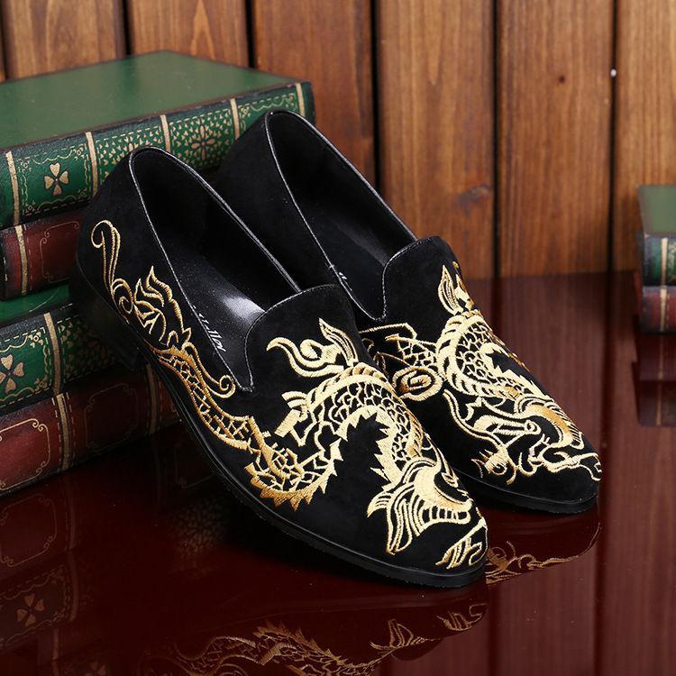 Men Black Dragon Suede Embroidery Leather Leisure Loafers Drivers Shoes  Oxfords