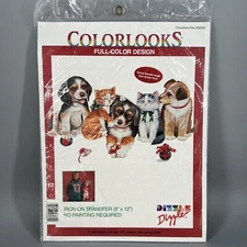 Dizzle 1995 Christmas Pets 56069 Color Iron On Transfer Puppies Dog Kittens Cat