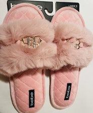 BEBE Light Pink Women Faux Fur Slippers Size L Jeweled Elegant Pretty NEW