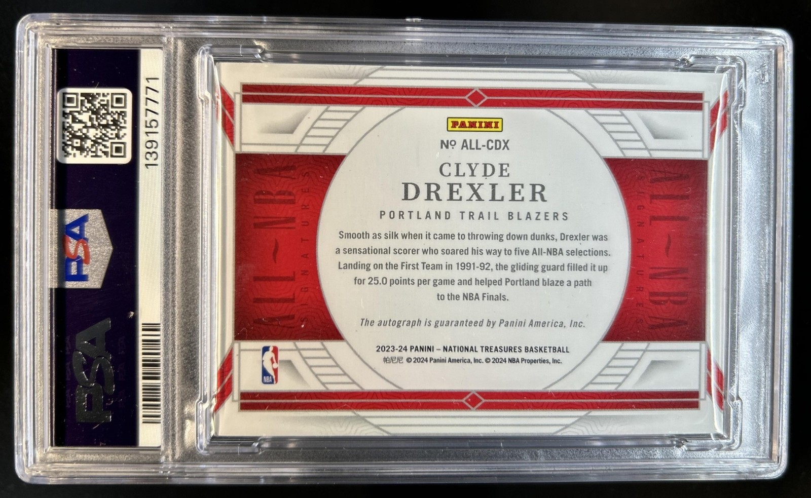 2023-24 National Treasures Clyde Drexler All-NBA International Auto #/18 PSA 8 9 view 2