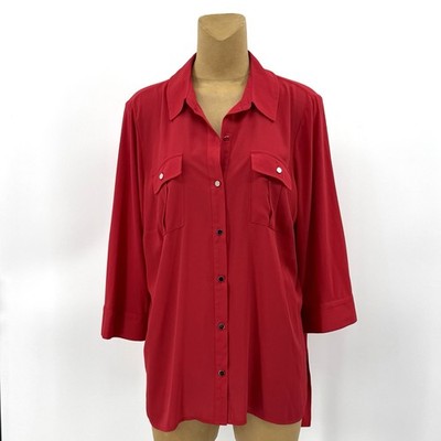 Investments Slim Factor 2X Women 22/24 Red Button Up Tunic Top Shirt Pockets