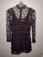 J Crew Lace Mesh Polkadot Dress 0 Black Sheer Button Goth Whimsical Fairy WW
