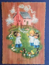 10825 Cartolina Tematica Buona Pasqua Bambini Angioletti Chiesetta 1967