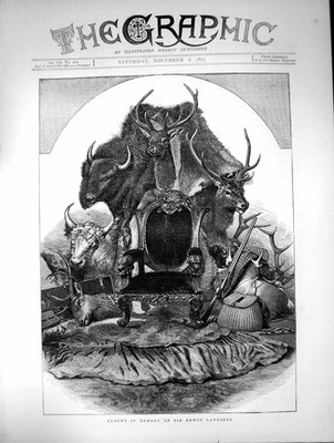 Original alter antiker Druck 1873 Jagdtrophäe Erinnerung Sir Edwin Landseer 19.