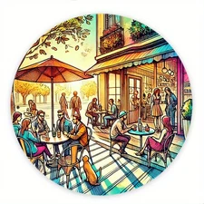 1pc Vintage Aluminum Metal Wall Art - 8x8 Inch Round Vibrant Outdoor Cafe Scene