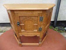 OLD CHARM WOOD BROS OAK CREDENCE CUPBOARD, HALL TABLE, CANTED CORNER, VERY TIDY.