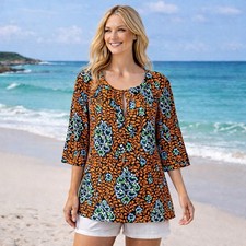 Tory Burch 100% Linen Multicolor Geometric Floral Tunic Blouse Resort Coastal 4