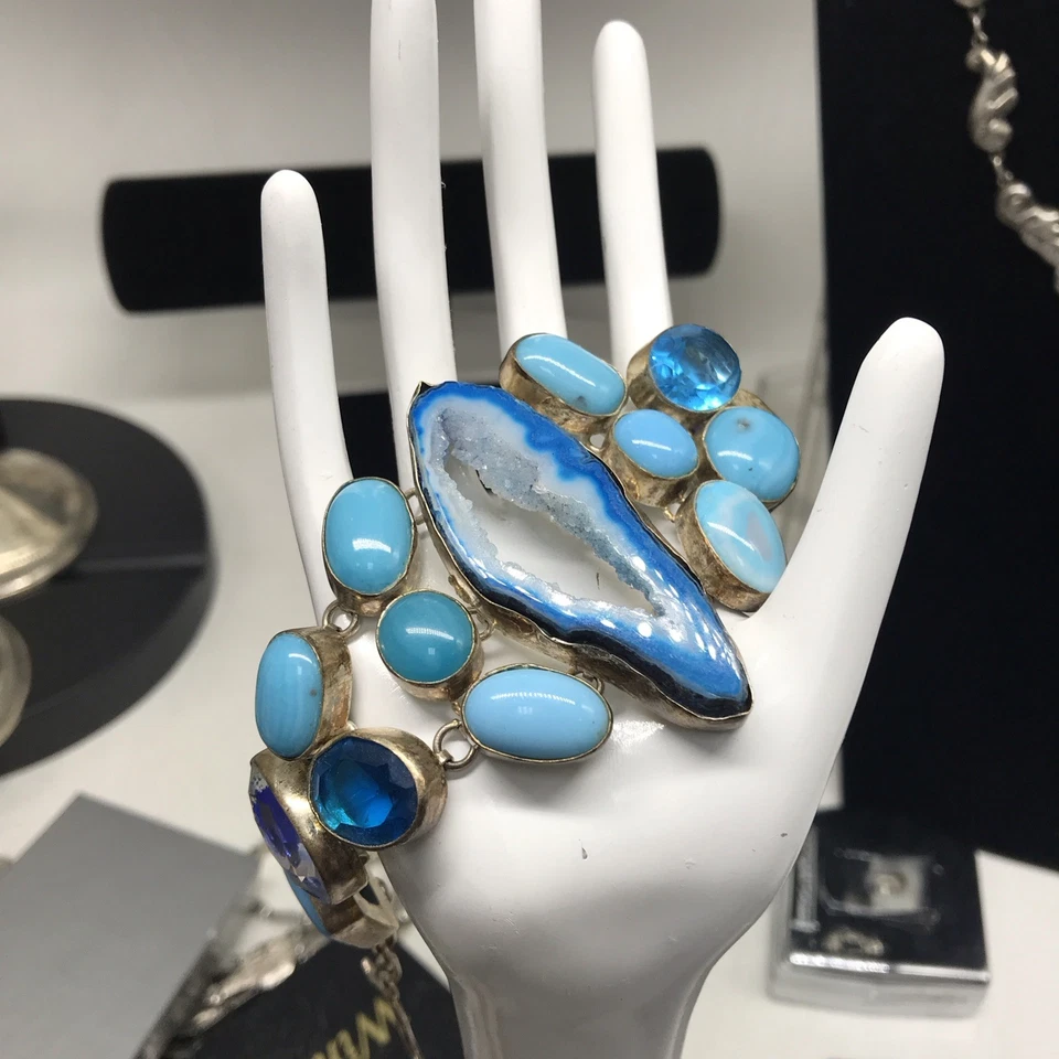 Blue Agate Bracelet & Oval Turquoise Cabochons and Blue Topaz Stones Bracelet - Image 2 of 4