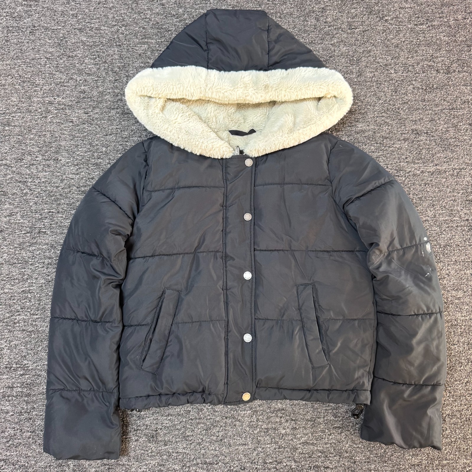 Hollister Puffer Coat Jacket Faux Fur lined Hooded Womens Sz XS Black