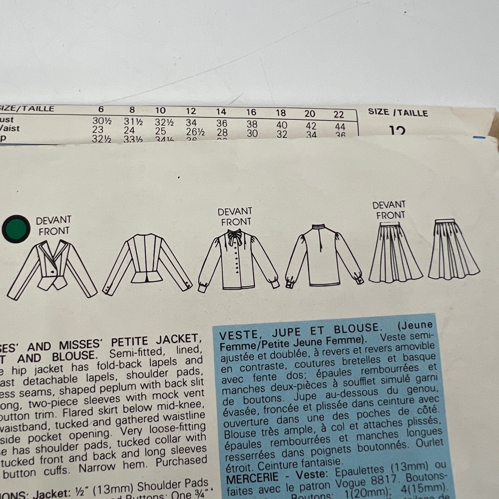 Vogue Paris Original Nina Ricci Pattern 1322 80s Size 12 Jacket Skirt & Blouse