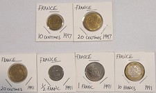 French 6 Coin Lot. 10 & 20 Centimes. 1/2, 1, 10 Franc Coins. 1991 & 1997. Carded