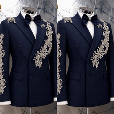 Luxury Men's Suit Rhinestone Prom Outfits Navy Blue Double Breasted Banquet Coat