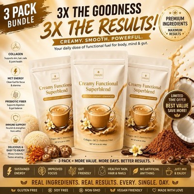 3-PACK Superfood Creamer Mushroom & Probiotics Vanilla Collagen Focus/energy/gut