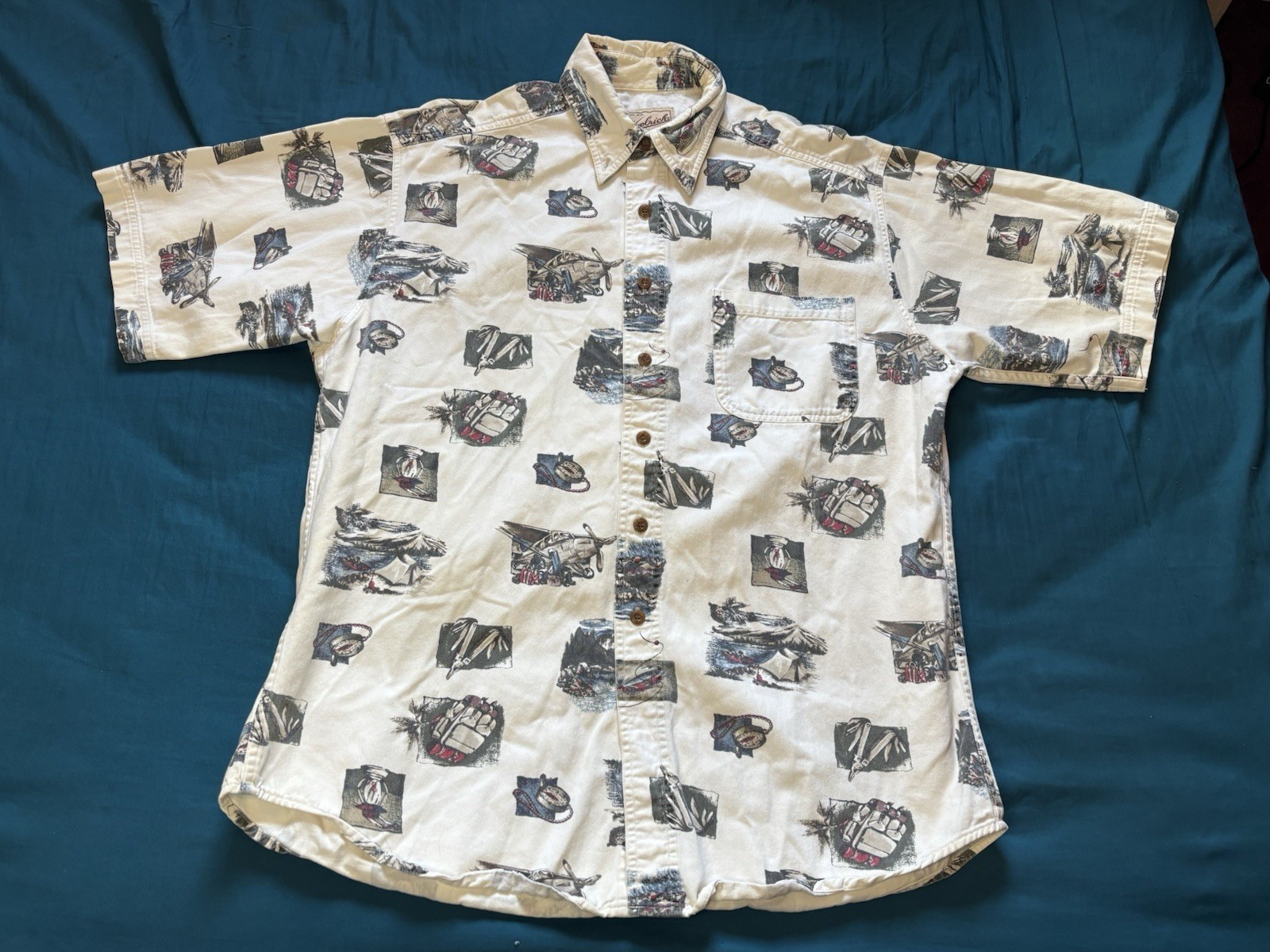 Woolrich Button Down Shirt Mens Large White Fishing Camping AOP Vintage 90s