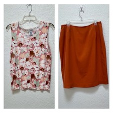 George Floral Knit Top Jennifer Moore Silk Skirt Set Rust Orange Pink XL 16