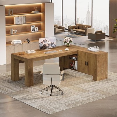 78-Inch L-Shaped Executive Desk Wooden Office Computer Desk with Storage Cabinet