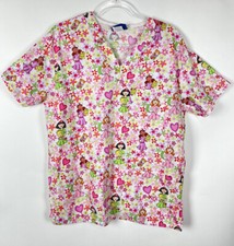 Comfy Cotton Scrubs Top Women's Size M Pink Nurse Floral Hearts Medical Nursing