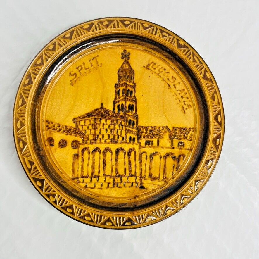 Round Wood Collectable Plate Hand carved Split Yugoslavia Real wood plate
