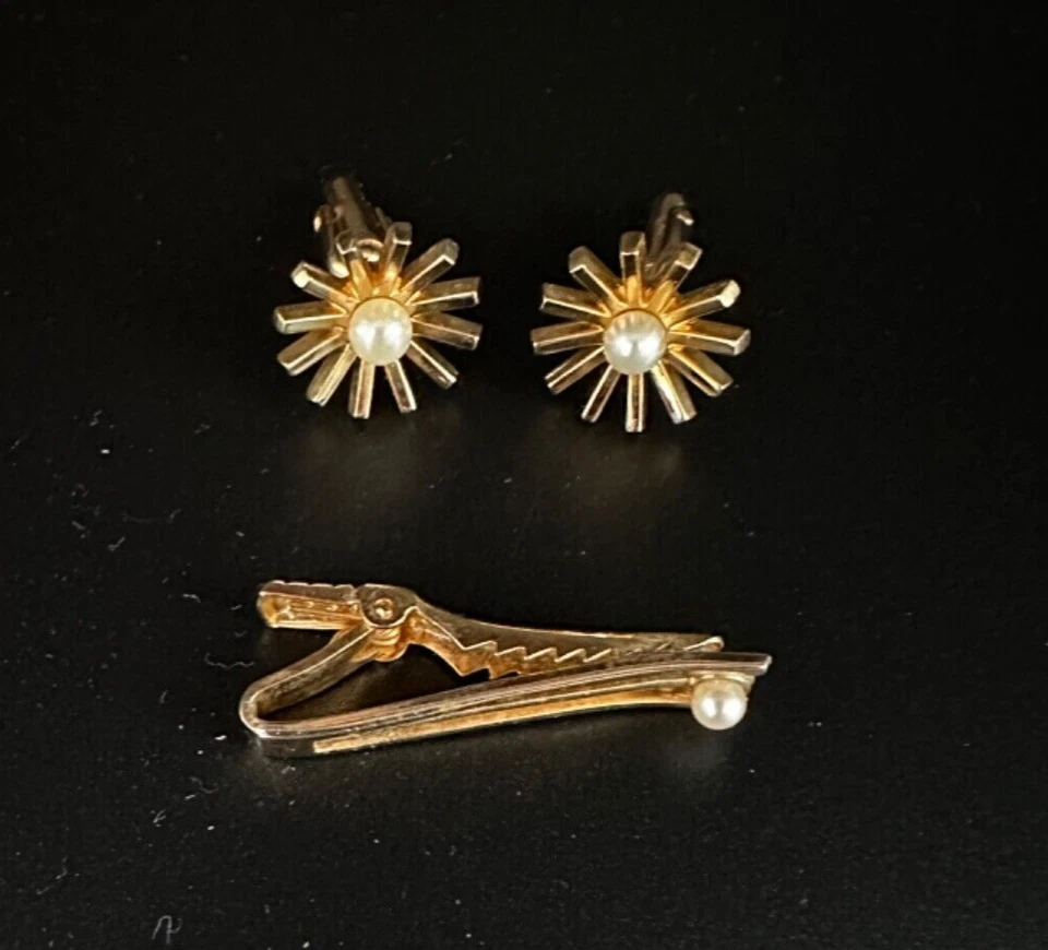 Juego de barra de corbata gemelos vintage Anson dorado perla sintética chispa Sunburst Foto 2 de 4
