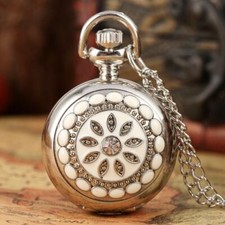Mini Silver Flower Rhinestone Cover Women Lady Quartz Pocket Watch Sweater Chain