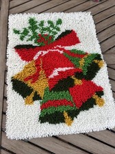 Vtg Christmas Latch Hook Rug/Wall Hanging Handmade Completed Christmas Bells