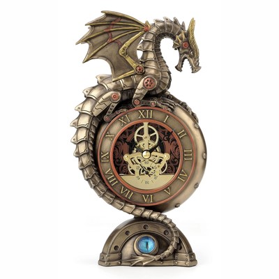 Veronese Design Steampunk Dragon Bronze Finish Table Clock with Moving Clockw...